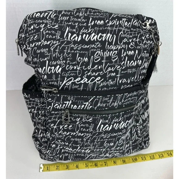 Sakroots Black Backpack White Script Print Convertible Travel Boho Bag Keychain - Picture 9 of 16